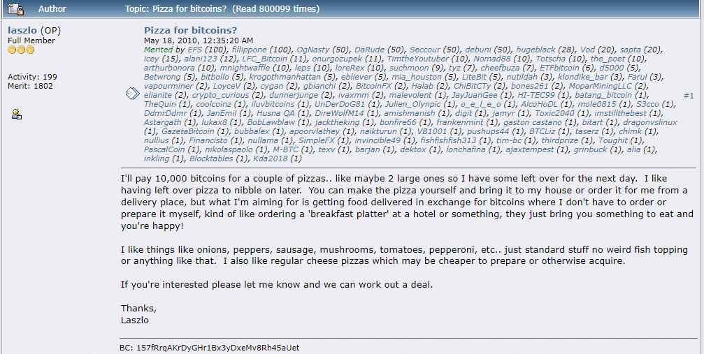 Bitcoin Pizza Day - der legendäre Post in einem Bitcoin Forum