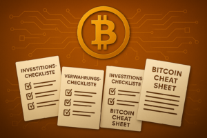 Vier thematische Bitcoin-Checklisten und ein Cheat Sheet unter einem grossen Bitcoin-Symbol, mit einem orangen Hintergrund und technischen Schaltkreisen.