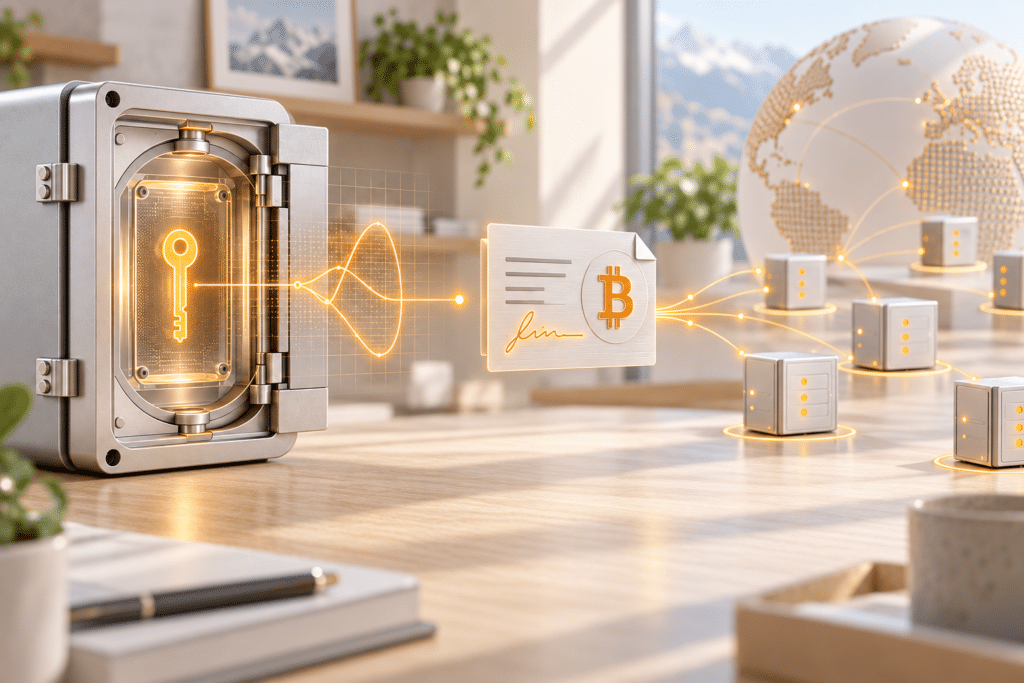 Privater Schlüssel im Tresor signiert eine Bitcoin-Transaktion, die an Knoten im Netzwerk weitergeht