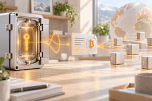 Privater Schlüssel im Tresor signiert eine Bitcoin-Transaktion, die an Knoten im Netzwerk weitergeht