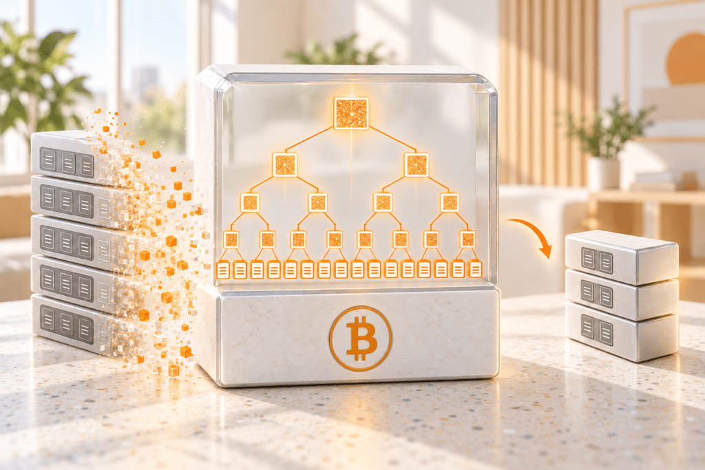 Schematische Darstellung eines Merkle-Baums in einem Bitcoin-Block