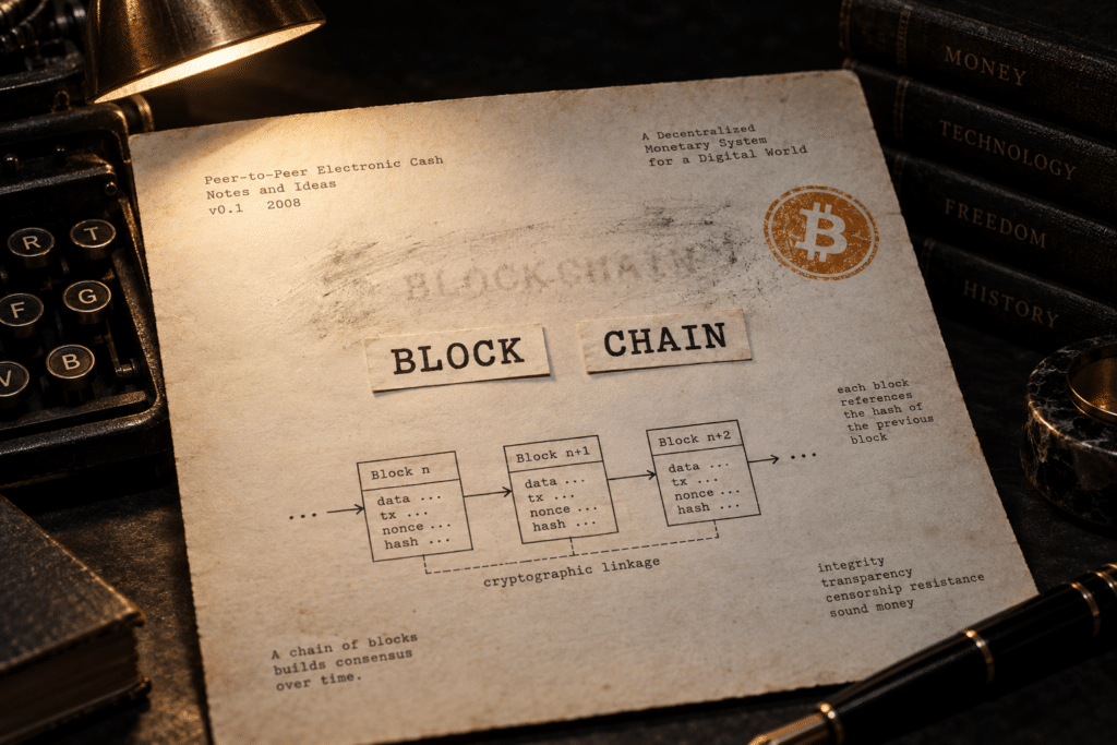 Bitcoin-Whitepaper von 2008 mit hervorgehobenen Begriffen Block und Kette, das Wort Blockchain fehlt
