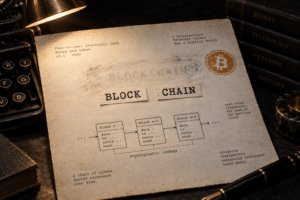 Bitcoin-Whitepaper von 2008 mit hervorgehobenen Begriffen Block und Kette, das Wort Blockchain fehlt